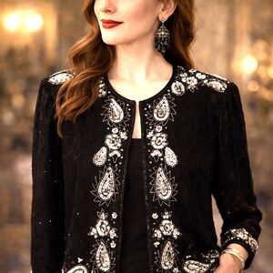 Vintage American Night Silver Sequined Black Silk Evening Jacket Size XL